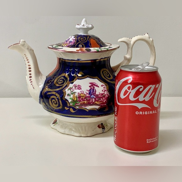 1830s Vintage Gaudy Welsh CHINOISSERIE Pattern Finial Lidded Lustre Teapot - Picture 8 of 16